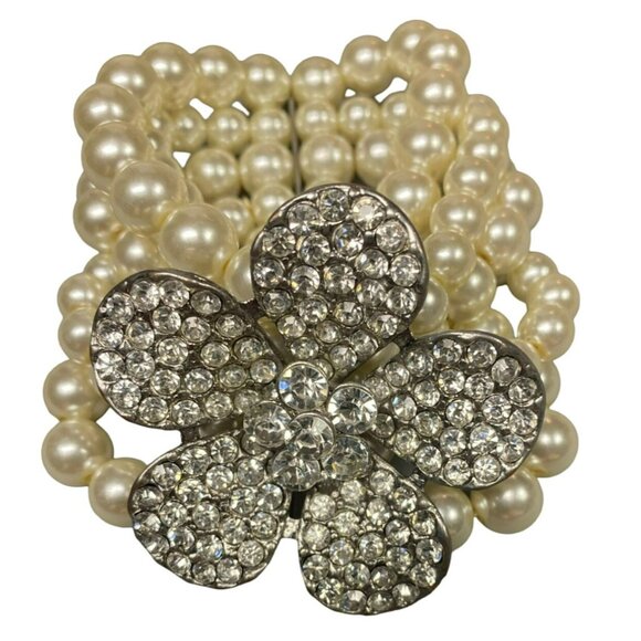 Vintage MCM Silver tone Rhinestone Bracelets, one with Flower and Faux Pearls - Picture 3 of 11